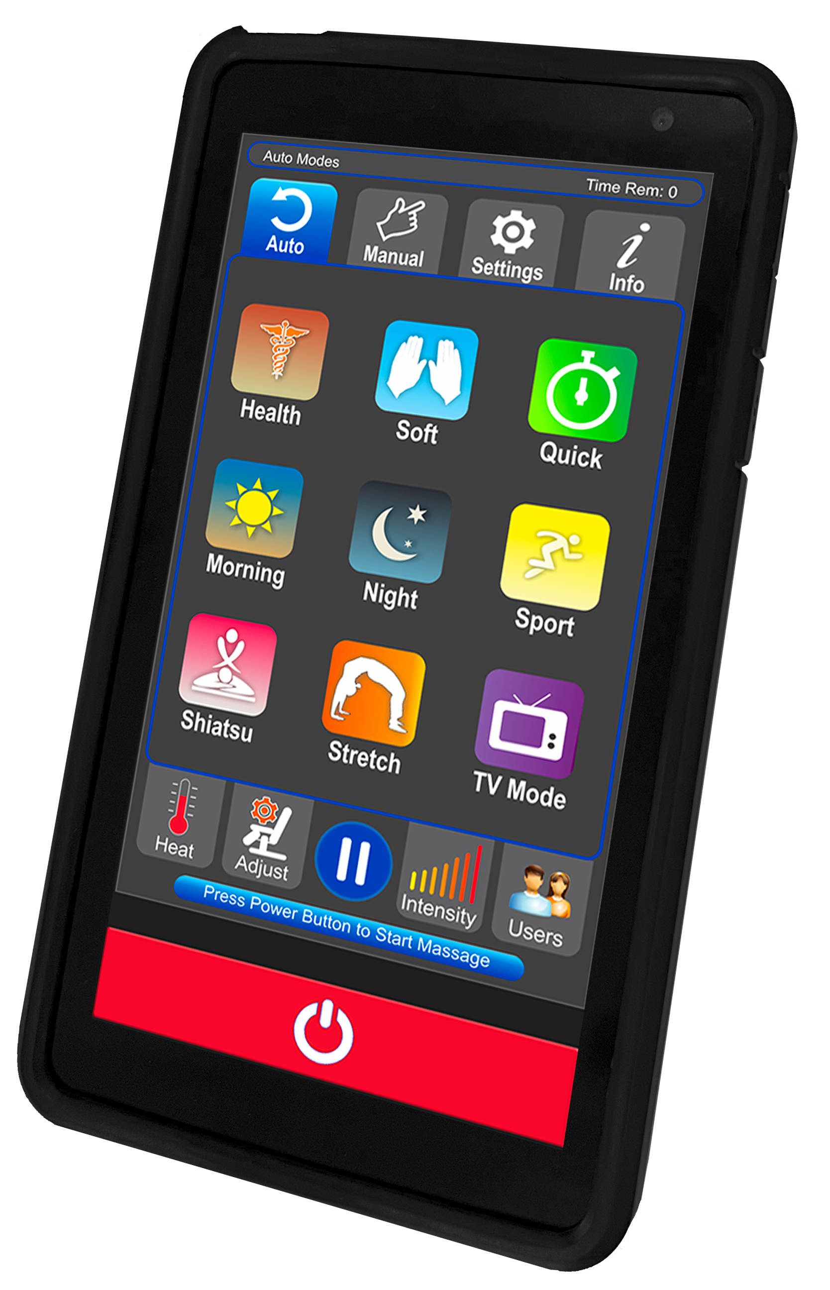 Touchscreen remote for Luraco iRobotics 9 Max Plus massage chair, showcasing various massage modes and settings.