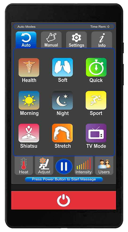 Luraco Model 3 Hybrid-SL massage chair remote control with various massage mode options.