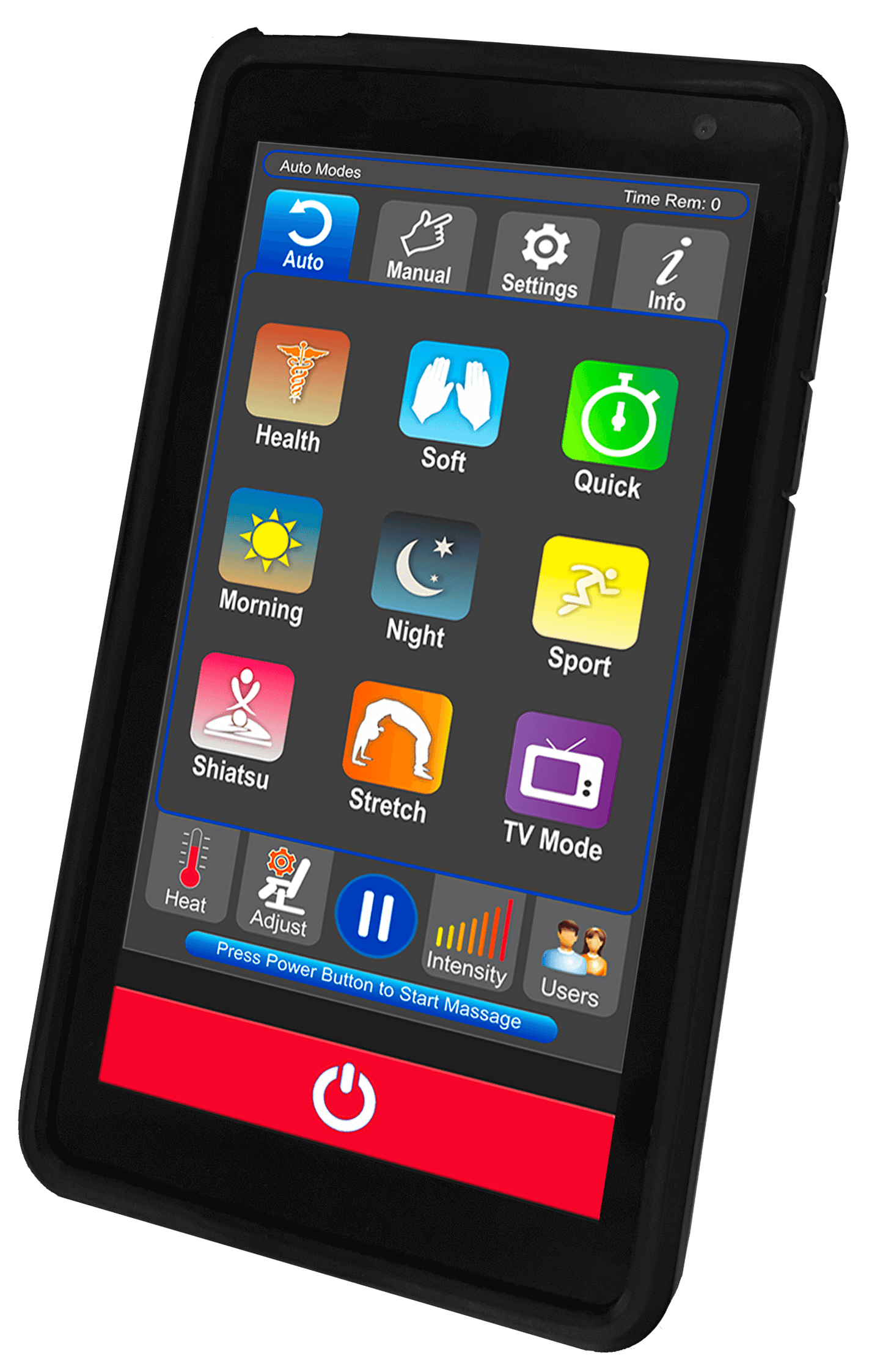 Luraco Model 3 Hybrid-SL remote control display showing various massage modes and settings.