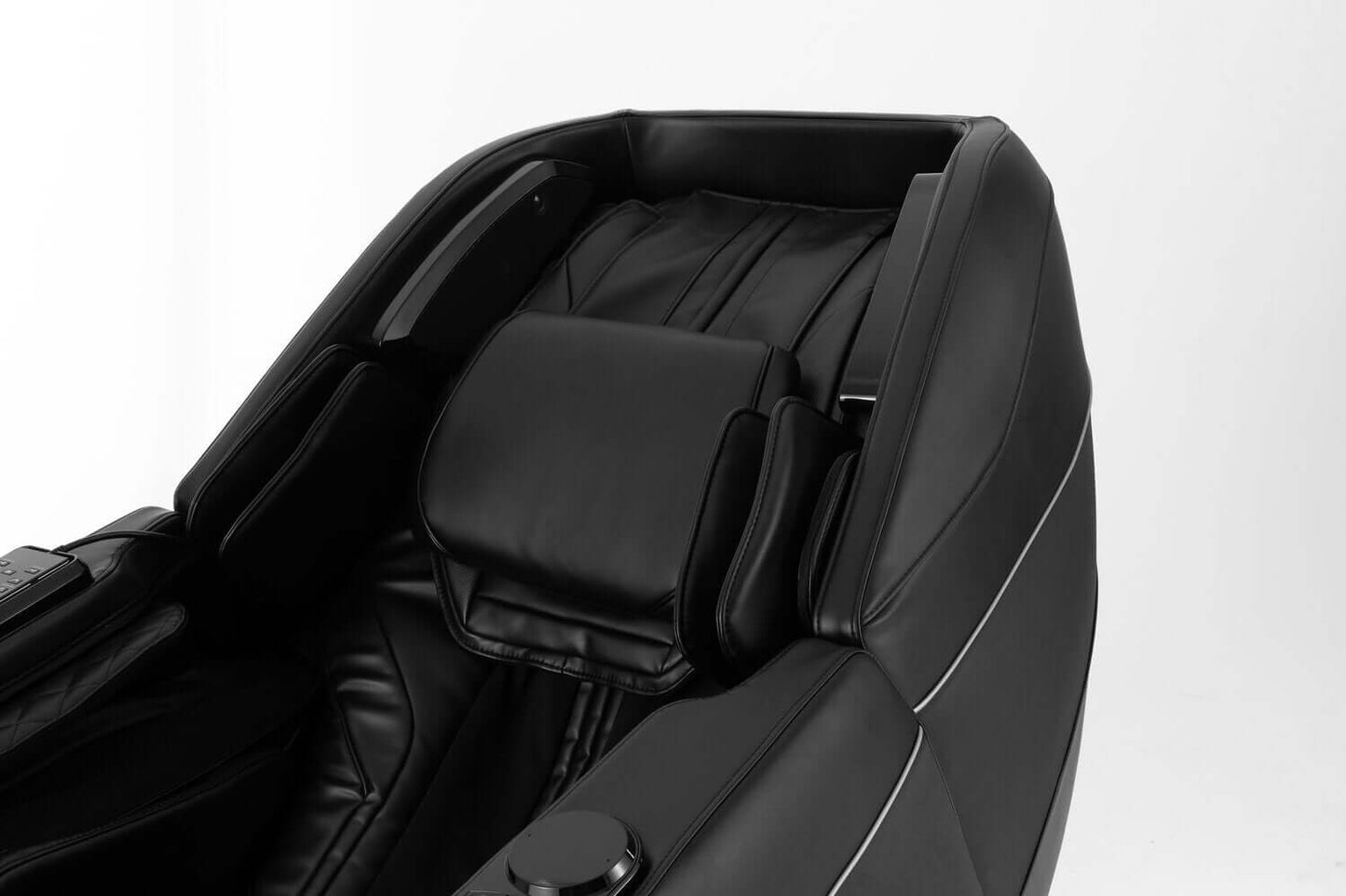 Close-up of the TRU Majestic 4D Massage Chair's sleek black leather and luxurious design.