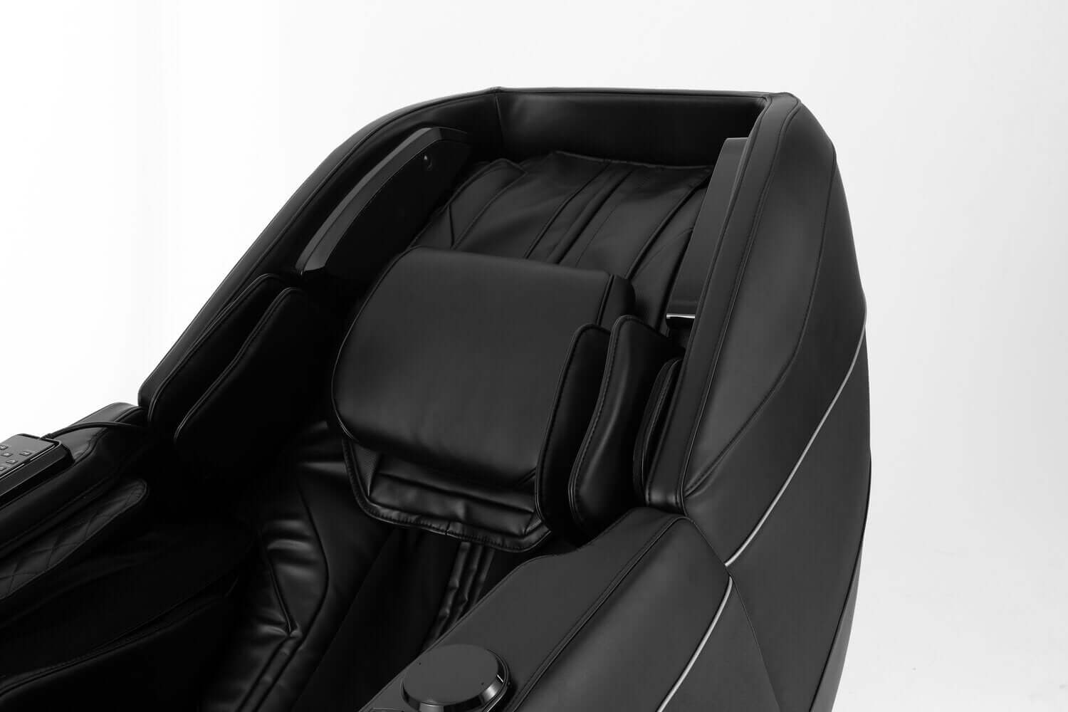 Close-up of the TRU Majestic 4D Massage Chair's sleek black leather and luxurious design.