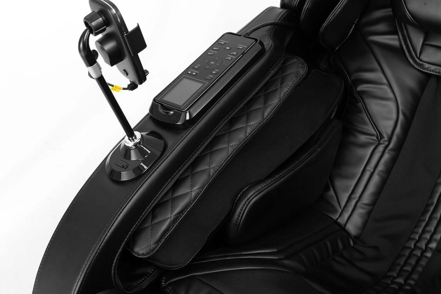 Close-up of TRU Majestic 4D Massage Chair control panel and sleek black armrest design.
