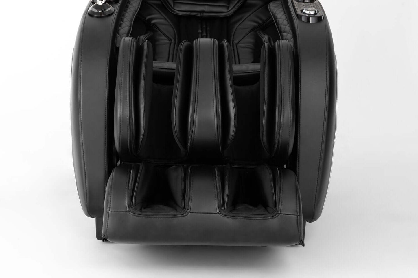Close-up of TRU Majestic 4D Massage Chair's comfortable seating and footrest features in sleek black design.