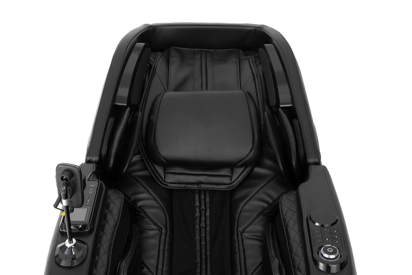 Aerial view of the TRU Majestic 4D Massage Chair, featuring sleek black leather and intuitive control options.