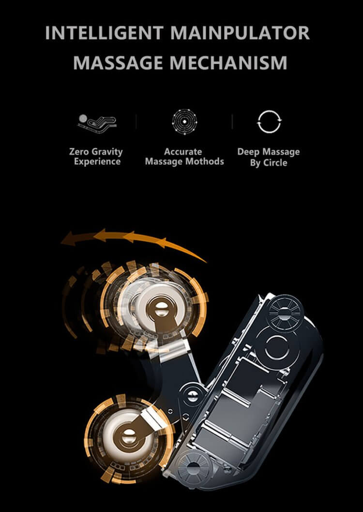 Illustration of the TRU Majestic massage chair's intelligent manipulator mechanism with Zero Gravity and deep massage features.