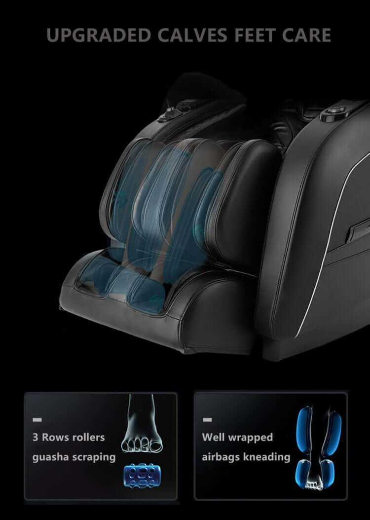 Upgraded calf feet care with 3 rows rollers and airbags for kneading in TRU Majestic massage chair.