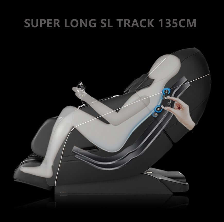 Illustration of TRU Majestic 4D Massage Chair demonstrating super long SL track design with user in a relaxed position.