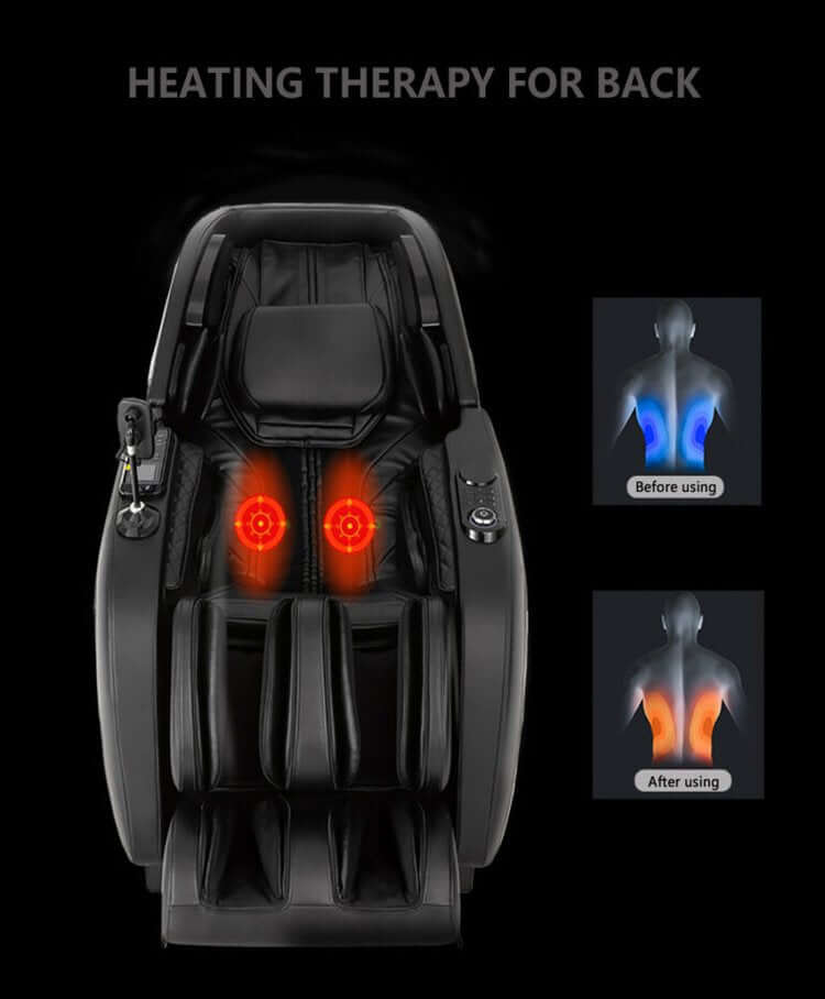 TRU Majestic 4D massage chair featuring heating therapy for back relief, showcasing effects before and after use.