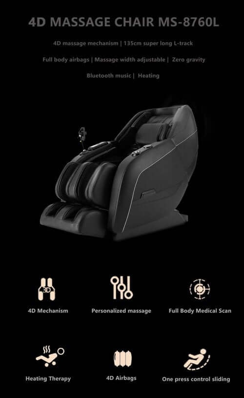 TRU Majestic 4D Massage Chair MS-8760L with L-track, heating, Bluetooth, and personalized settings for full body relaxation.