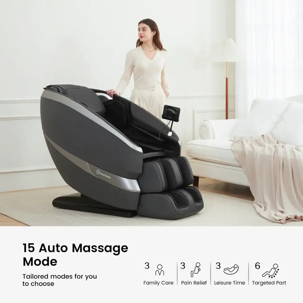 RealRelax FS-01 Massage Chair featuring 15 auto massage modes for customized neck and back relief.