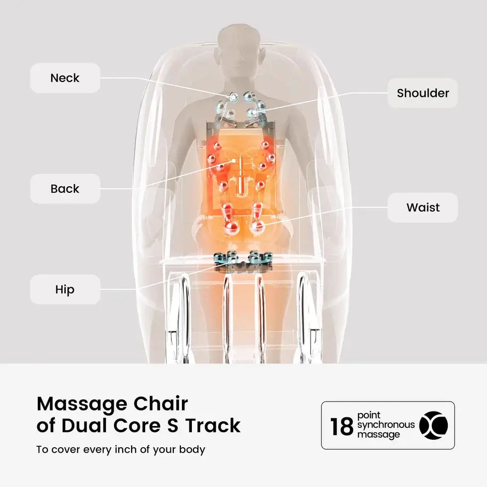 Diagram of RealRelax FS-01 Massage Chair showing dual core S-track for neck, shoulder, back, waist, and hip massage.