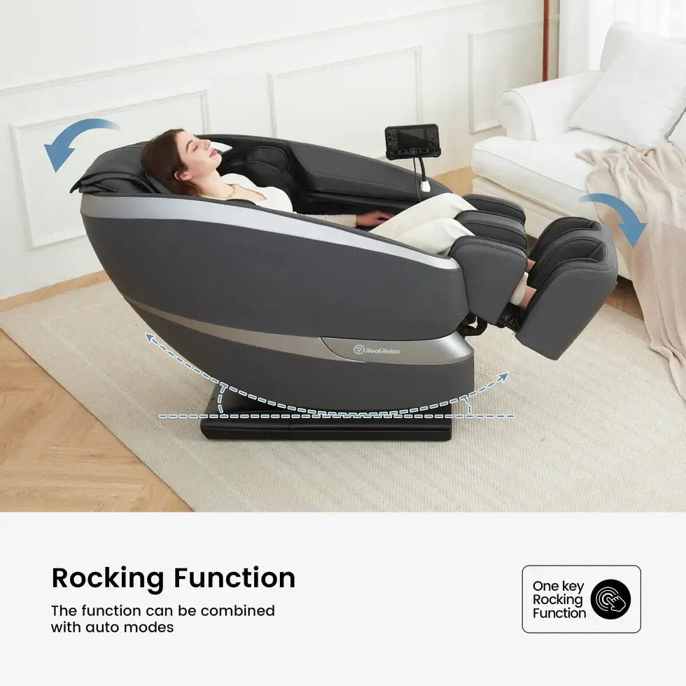 Woman relaxing in RealRelax FS-01 Massage Chair demonstrating the rocking function with auto modes.