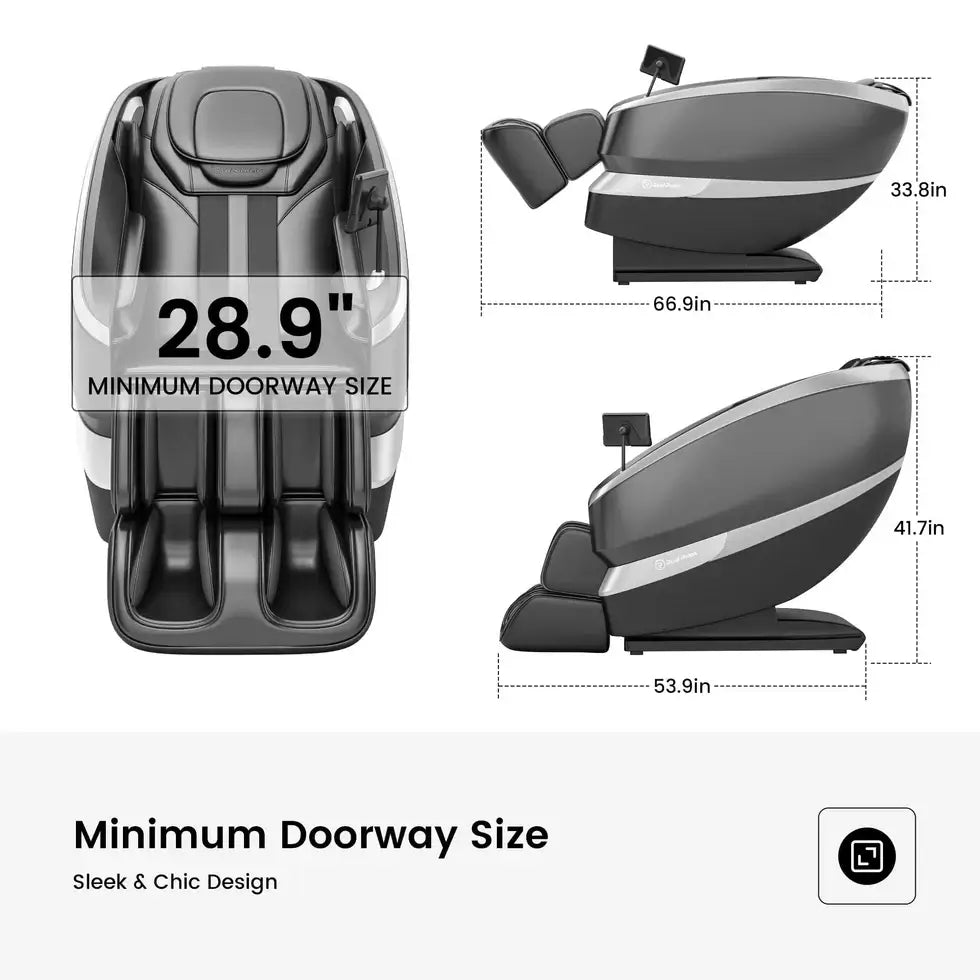 Dimensions and minimum doorway size for the RealRelax FS-01 Massage Chair, showcasing sleek design and sleek lines.