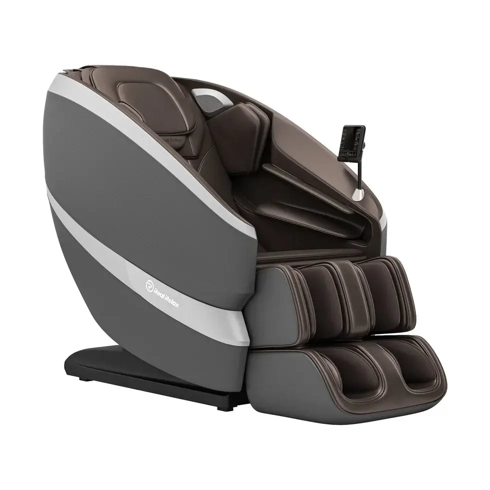 RealRelax FS-01 Massage Chair in gray, showcasing its dual-core massage mechanism and full-body airbags.